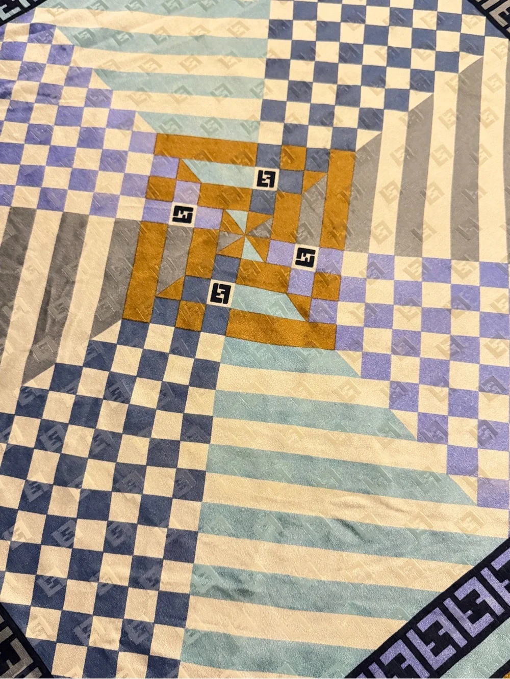 FENDI Vintage Zucca FF Logo Geometric Silk Square Scarf AUTHENTIC